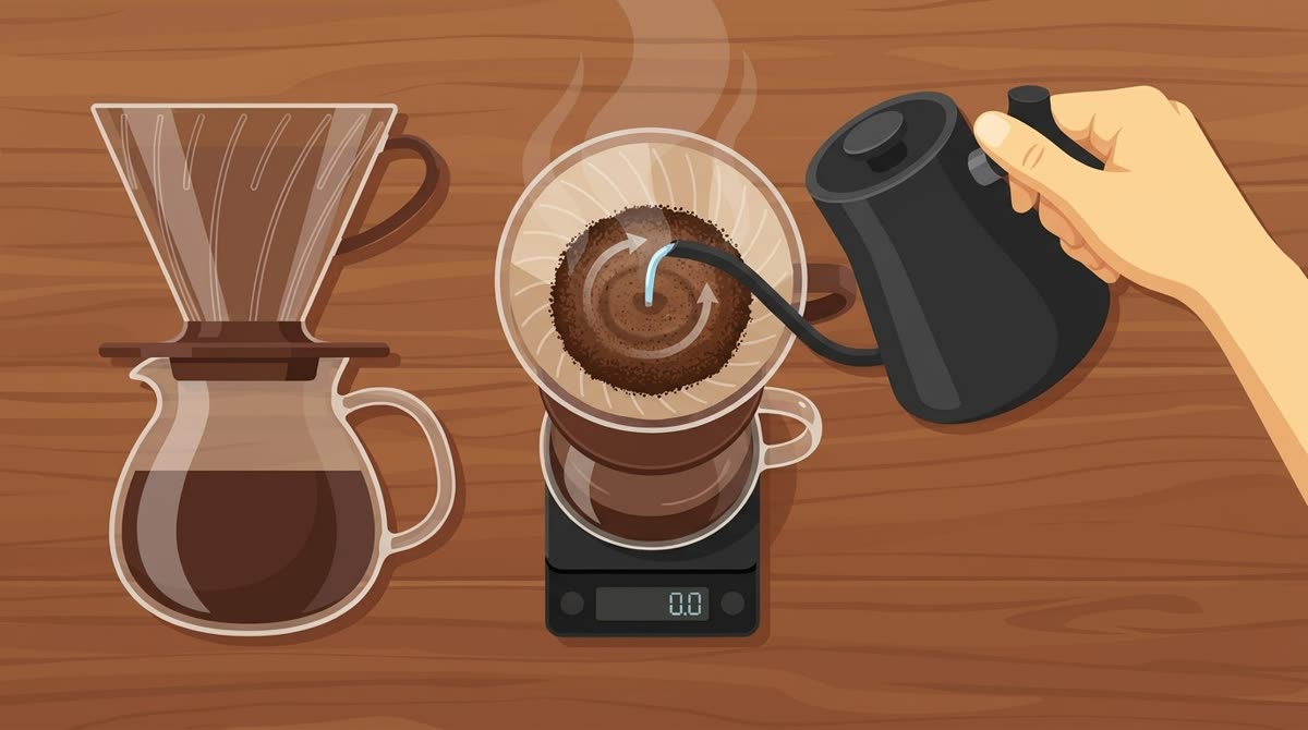 Menuang air panas melingkar ke dripper V60