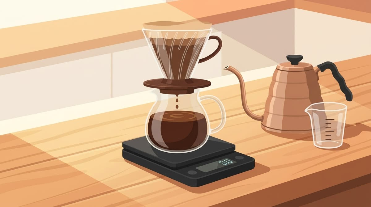 Menimbang kopi dan air dengan timbangan digital